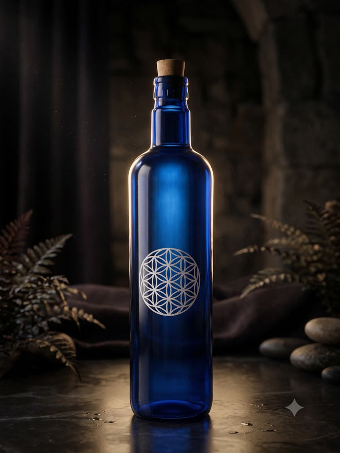 Botella de Vidrio Azul · Agua Solarizada · Flor de la Vida (750 ml)