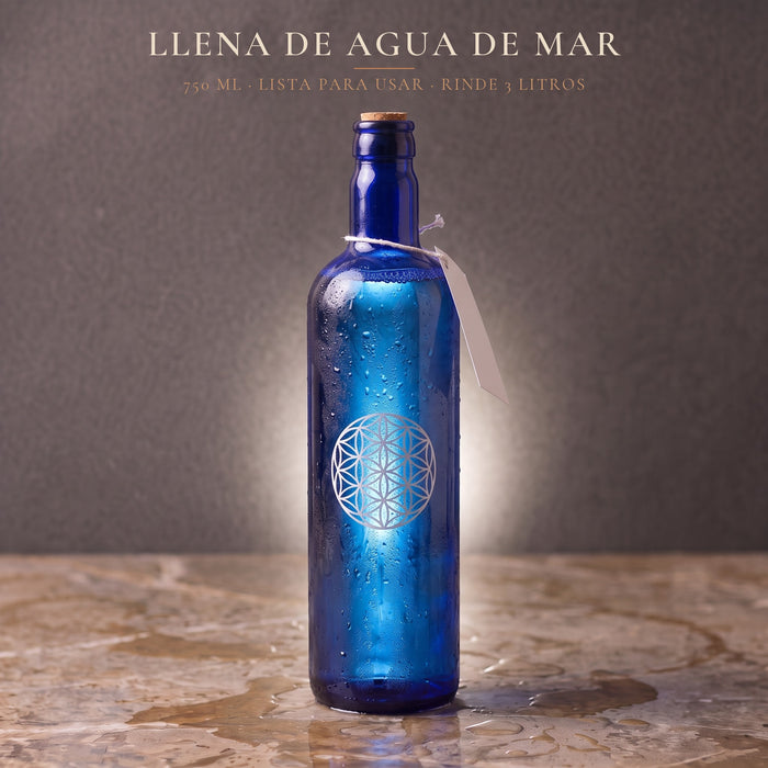 Botella Azul con Agua de Mar · 750 ml Lista para Usar · Flor de la Vida
