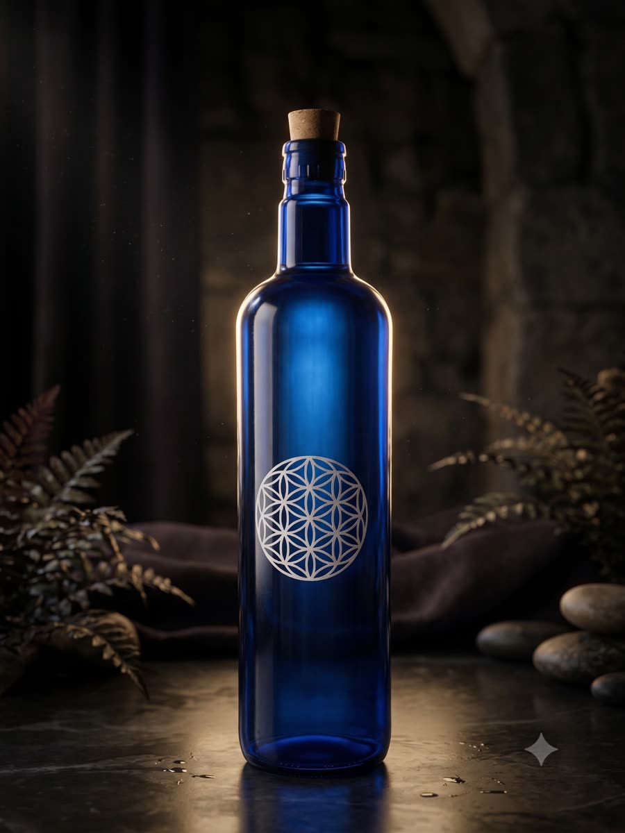 Botella de vidrio azul Flor de la Vida