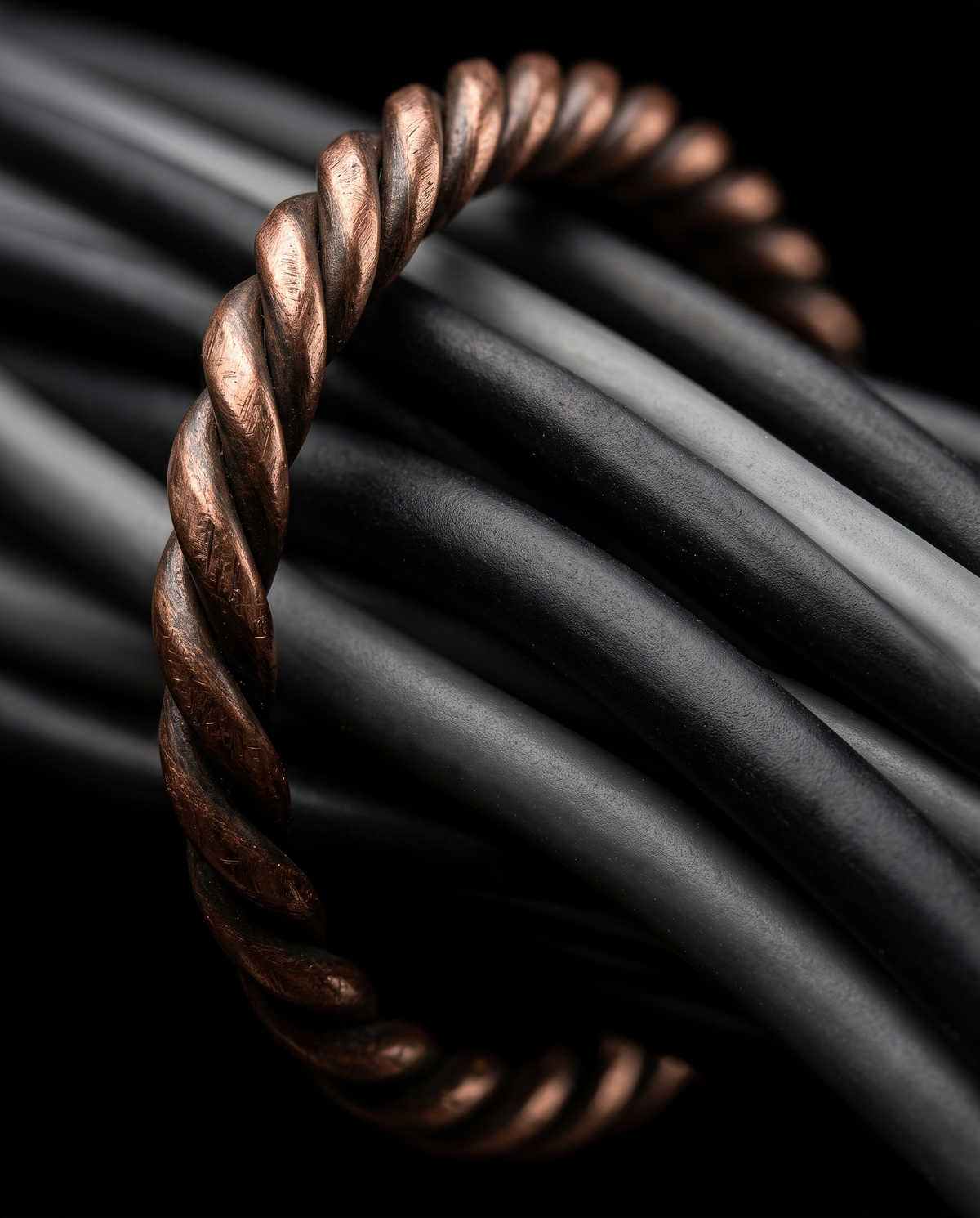 Anillo tensor de cobre con un manojo de cables eléctricos pasando por el centro
