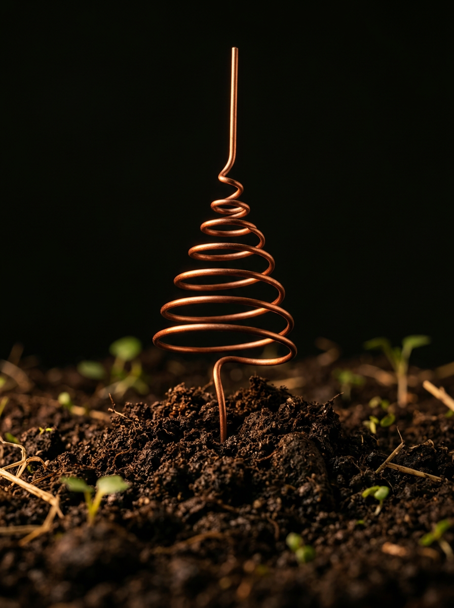 Antena cónica de cobre plantada en la huerta